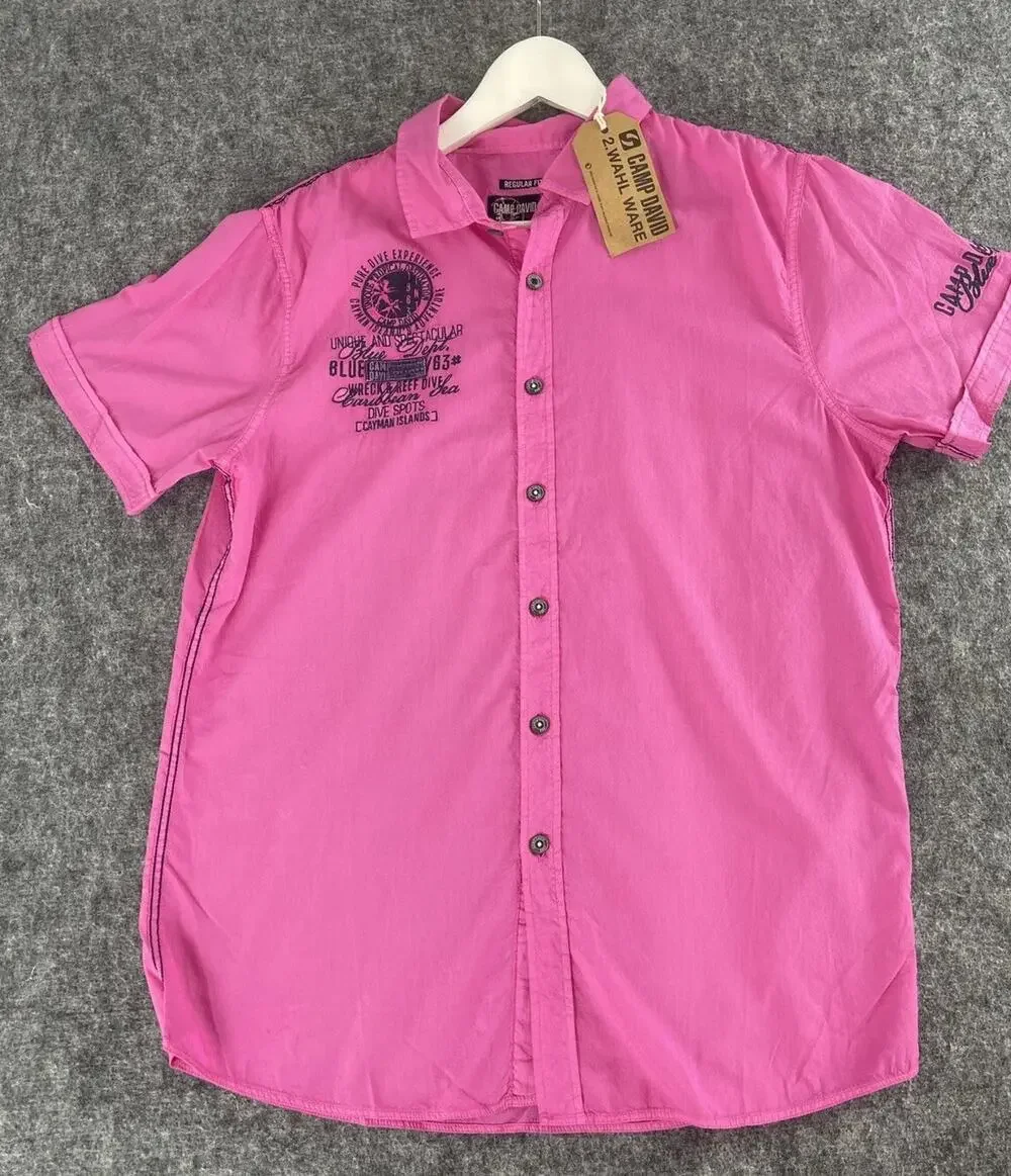 Camp David Shirt Mens Medium Pink Button Up Embroidered Short Sleeve Cotton N30